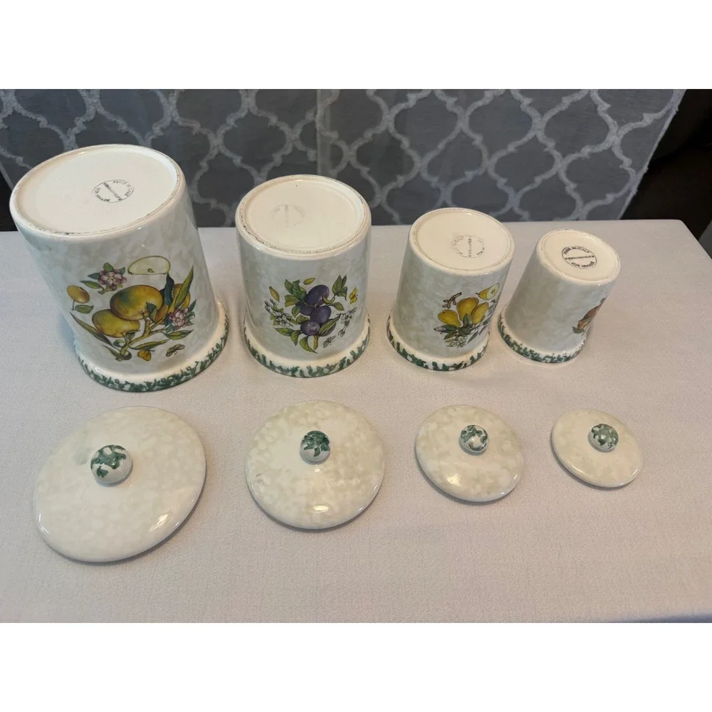 Vintage Himark Italy Ceramic Fruit Canister Set 4 Piece Green Trim Farmhouse